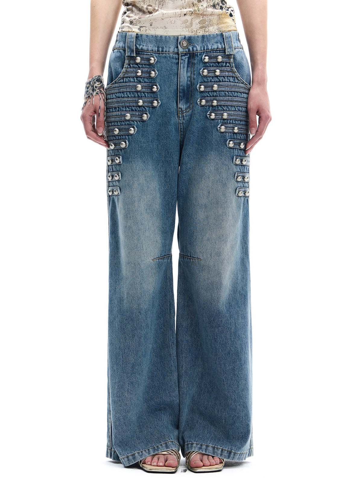 Cavalry Button-Trim Washed Wide-Leg Jeans