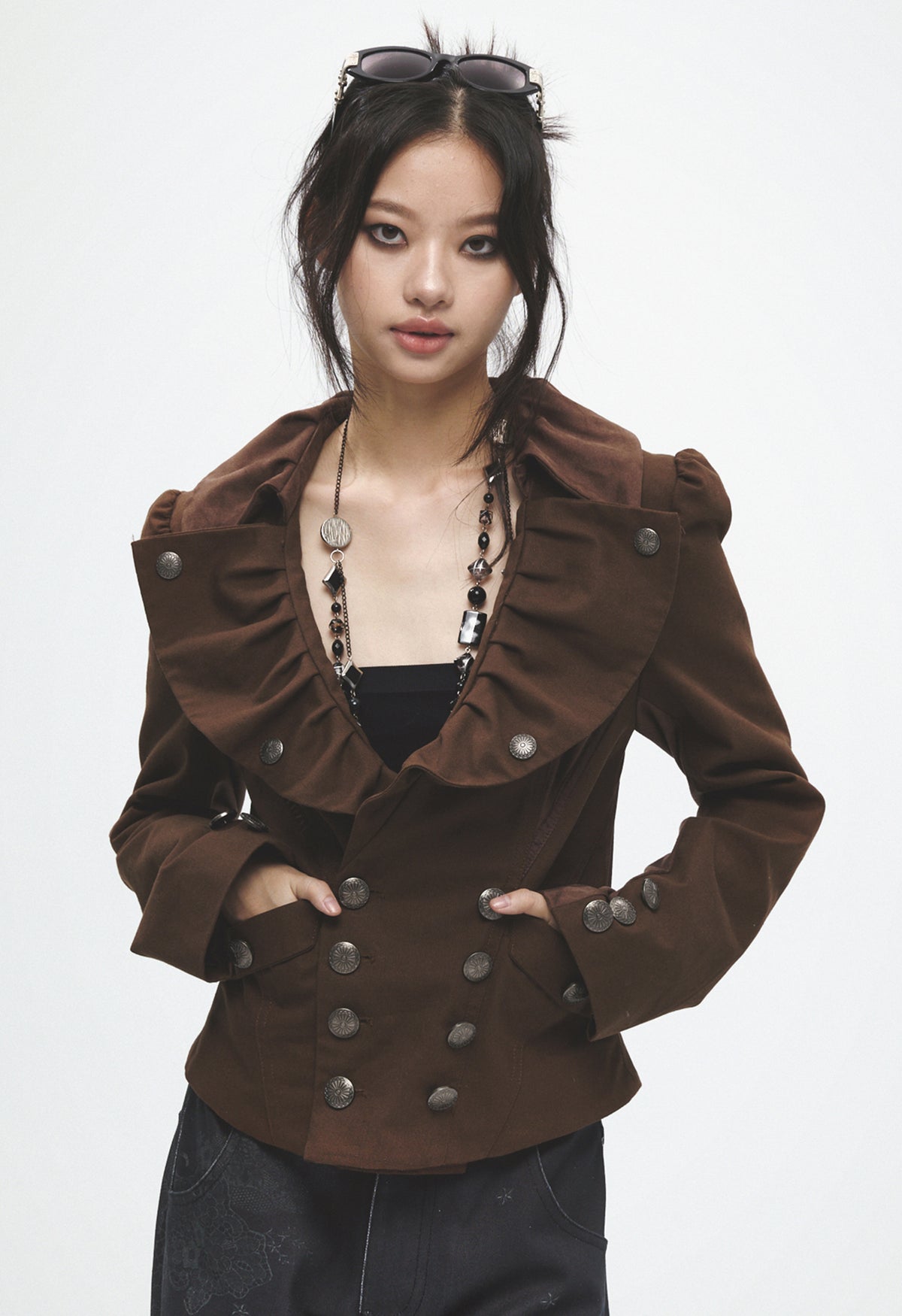 Antique Brass Ruffled Corset Blazer (coffee brown)