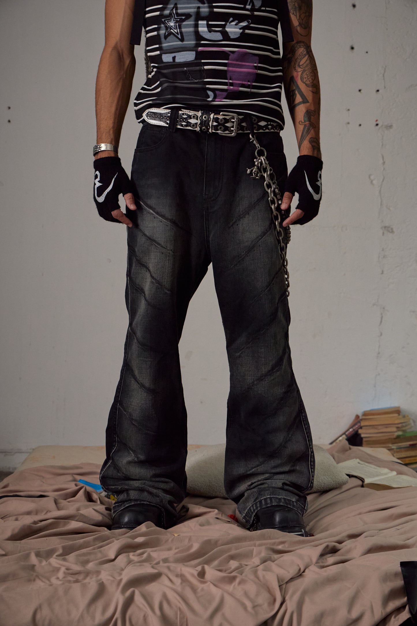 Scratch Marks Distressed Flared Jeans