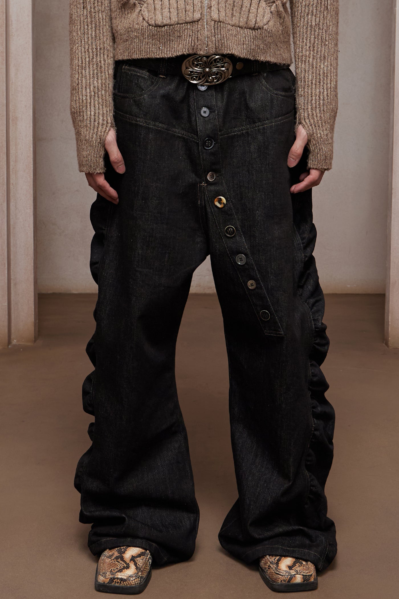 Asymmetric Button Fly Side-Ruched Raw Denim