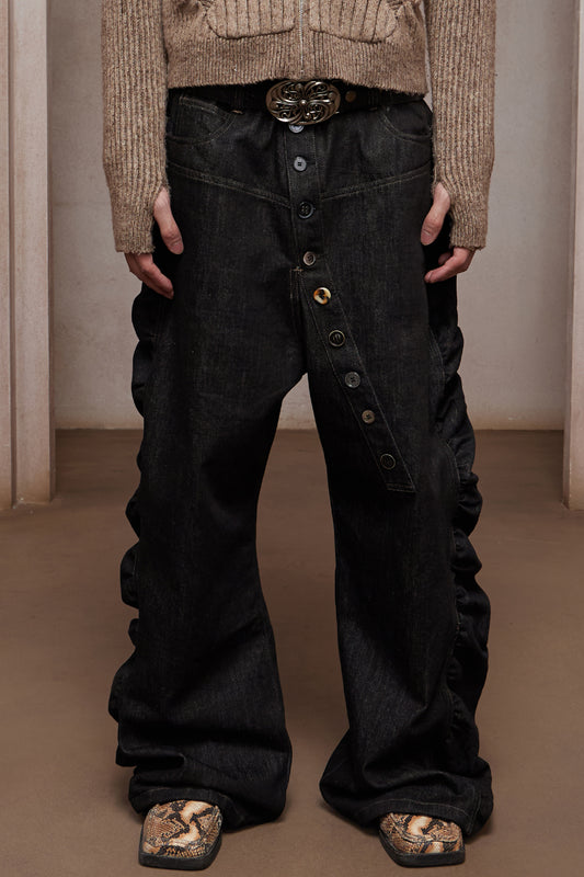 Asymmetric Button Fly Side-Ruched Raw Denim