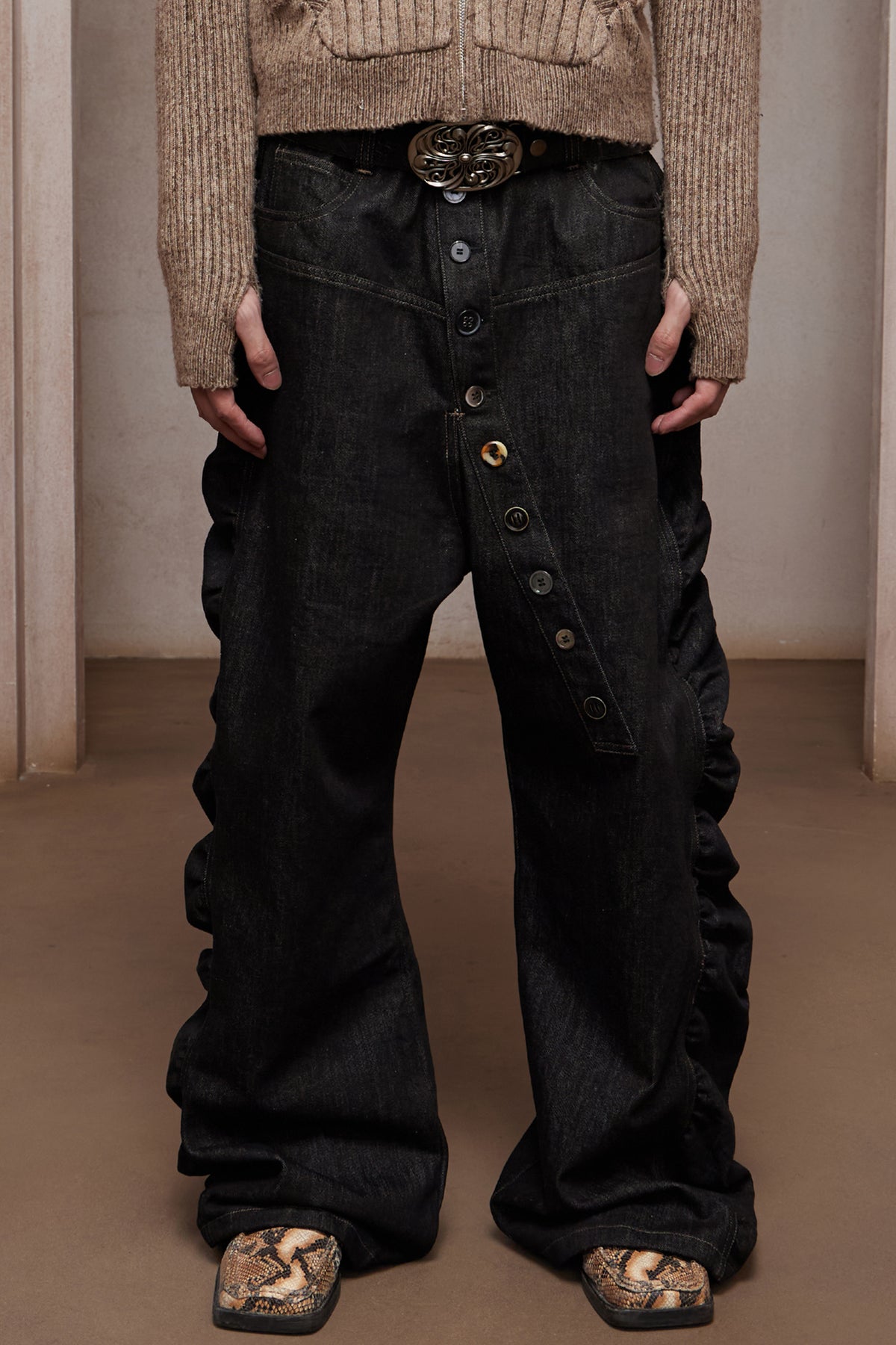 Asymmetric Button Fly Side-Ruched Raw Denim