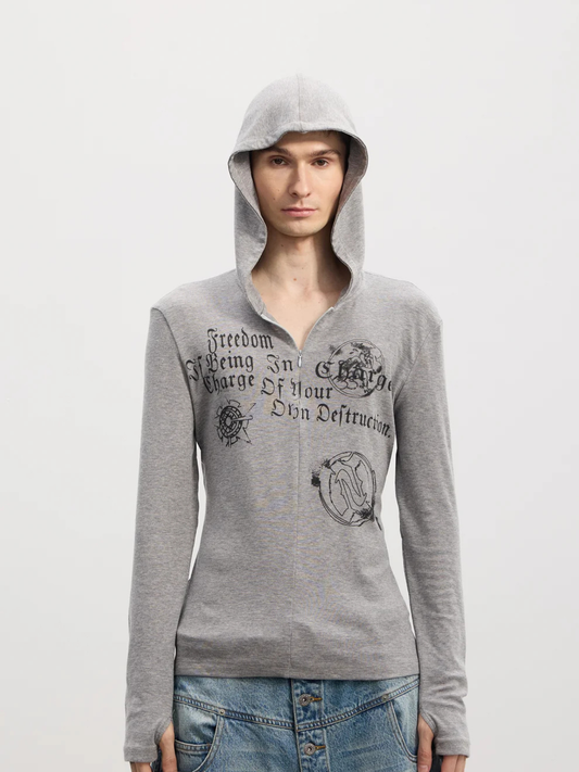 Gothic Lettering Half-Zip Hooded Long Sleeve