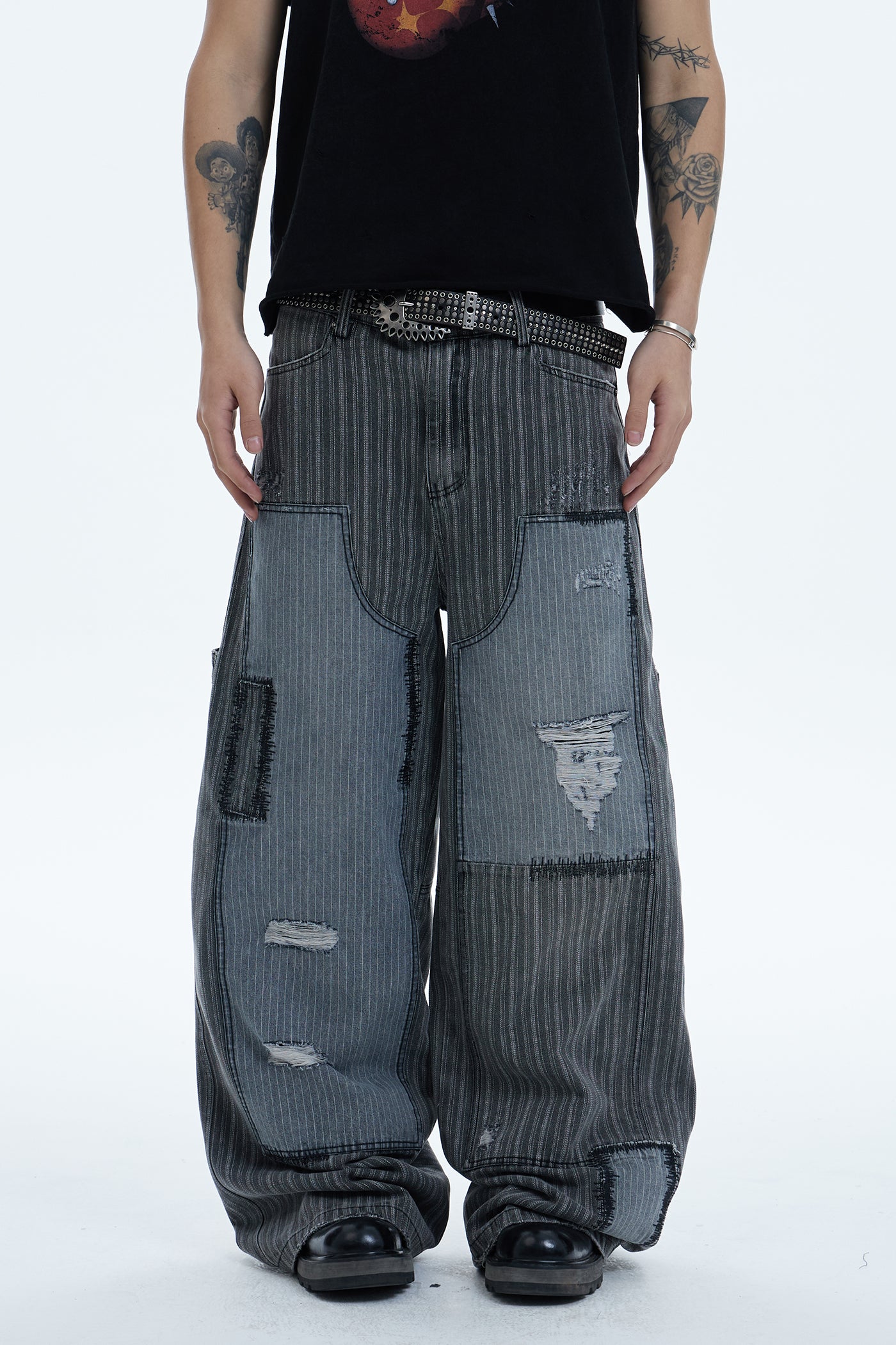 Striped Patchwork Distressed Carpenter Pants