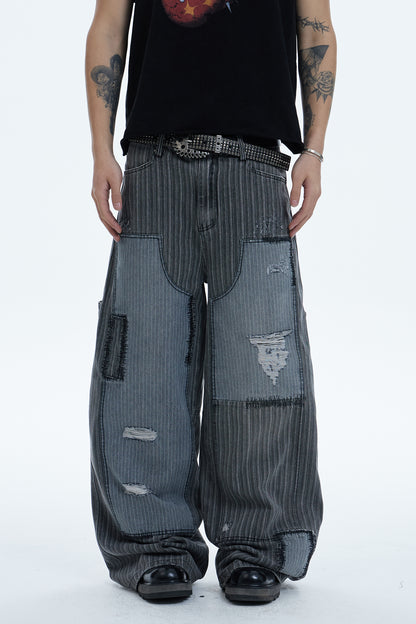 Striped Patchwork Distressed Carpenter Pants
