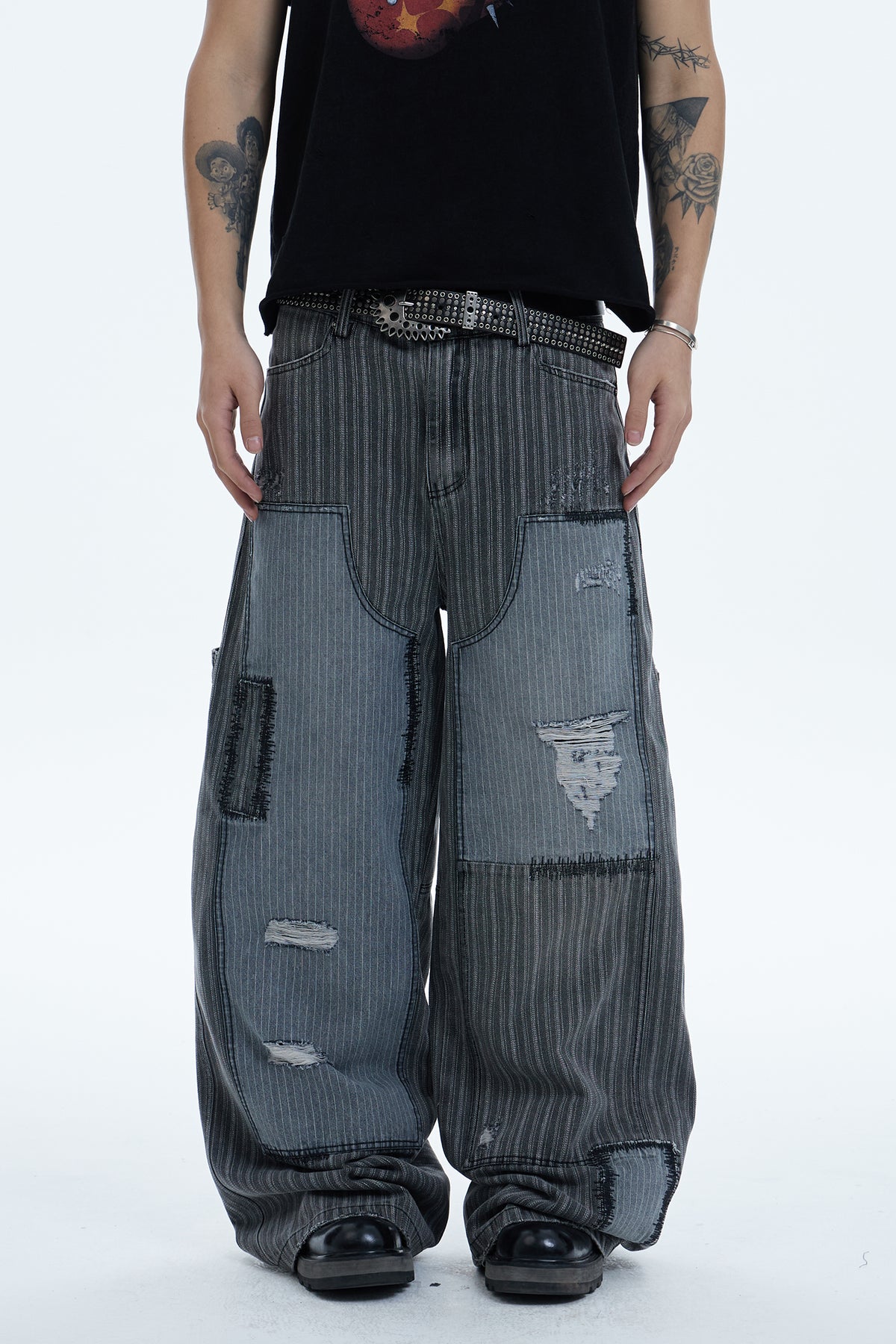 Striped Patchwork Distressed Carpenter Pants