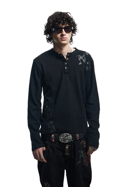 Henley Neck Applique Long Sleeve