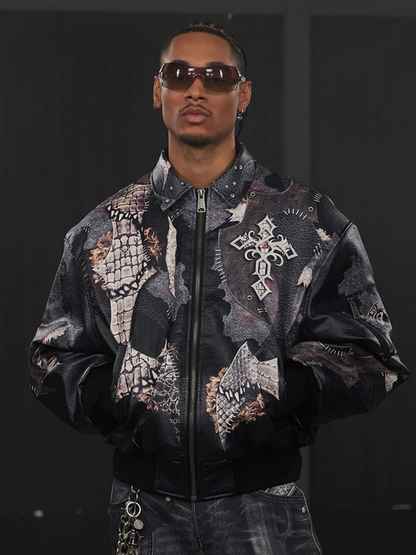 Jeweled Cross Spliced Pythonskin Leather Jacket