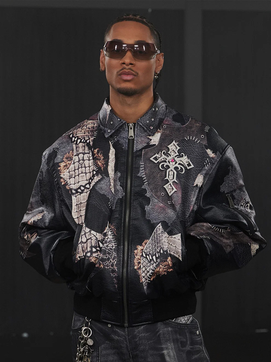 Jeweled Cross Spliced Pythonskin Leather Jacket