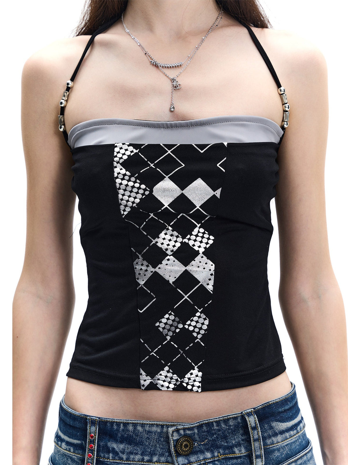 Beaded Silver Rhombus Halter Top