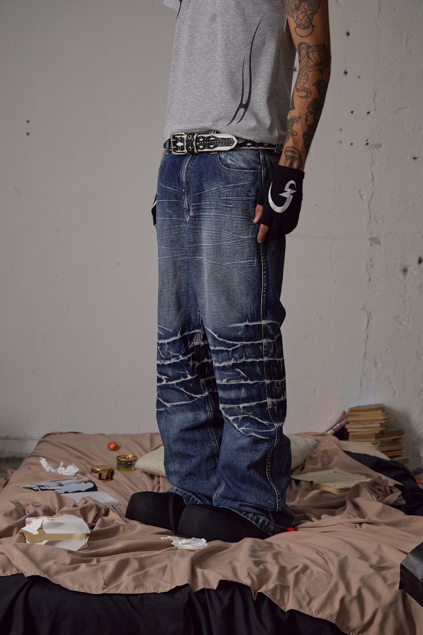Knee Crease Washed Flared Jeans
