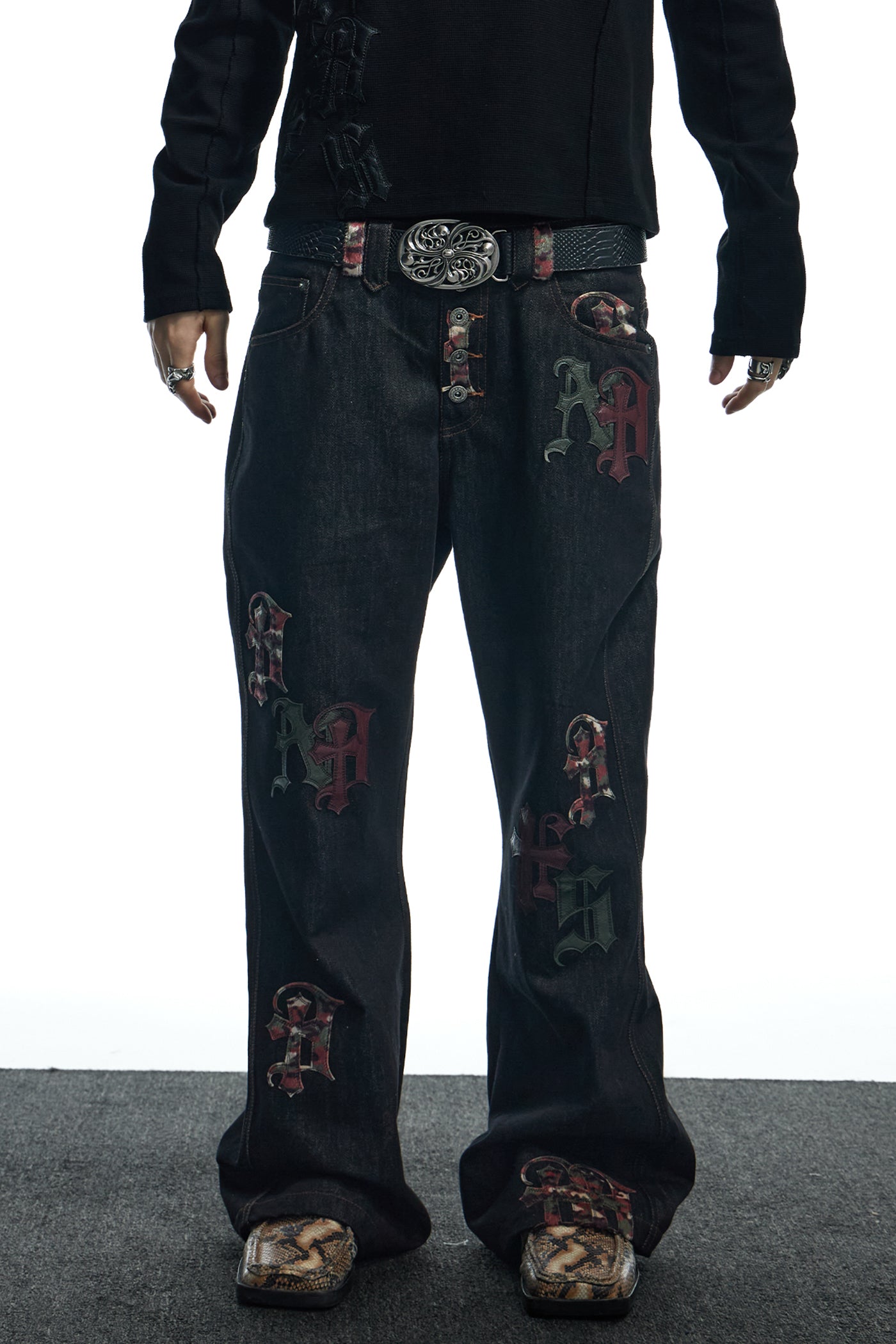 Camouflage Gothic Applique Raw Denim