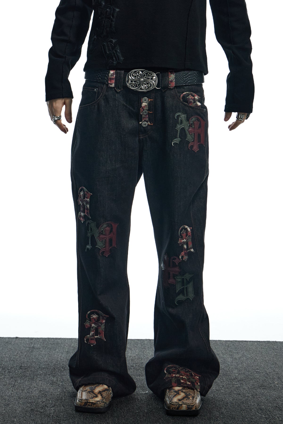 Camouflage Gothic Applique Raw Denim