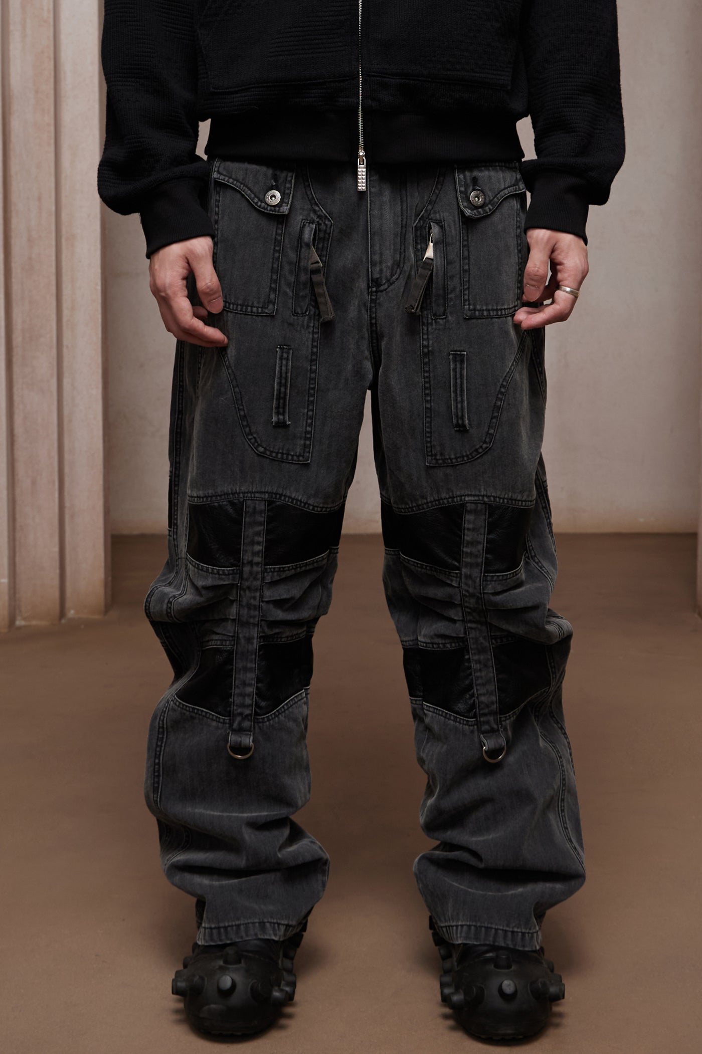 Heavy Washed Leather-Panel Utility Cargo Jeans
