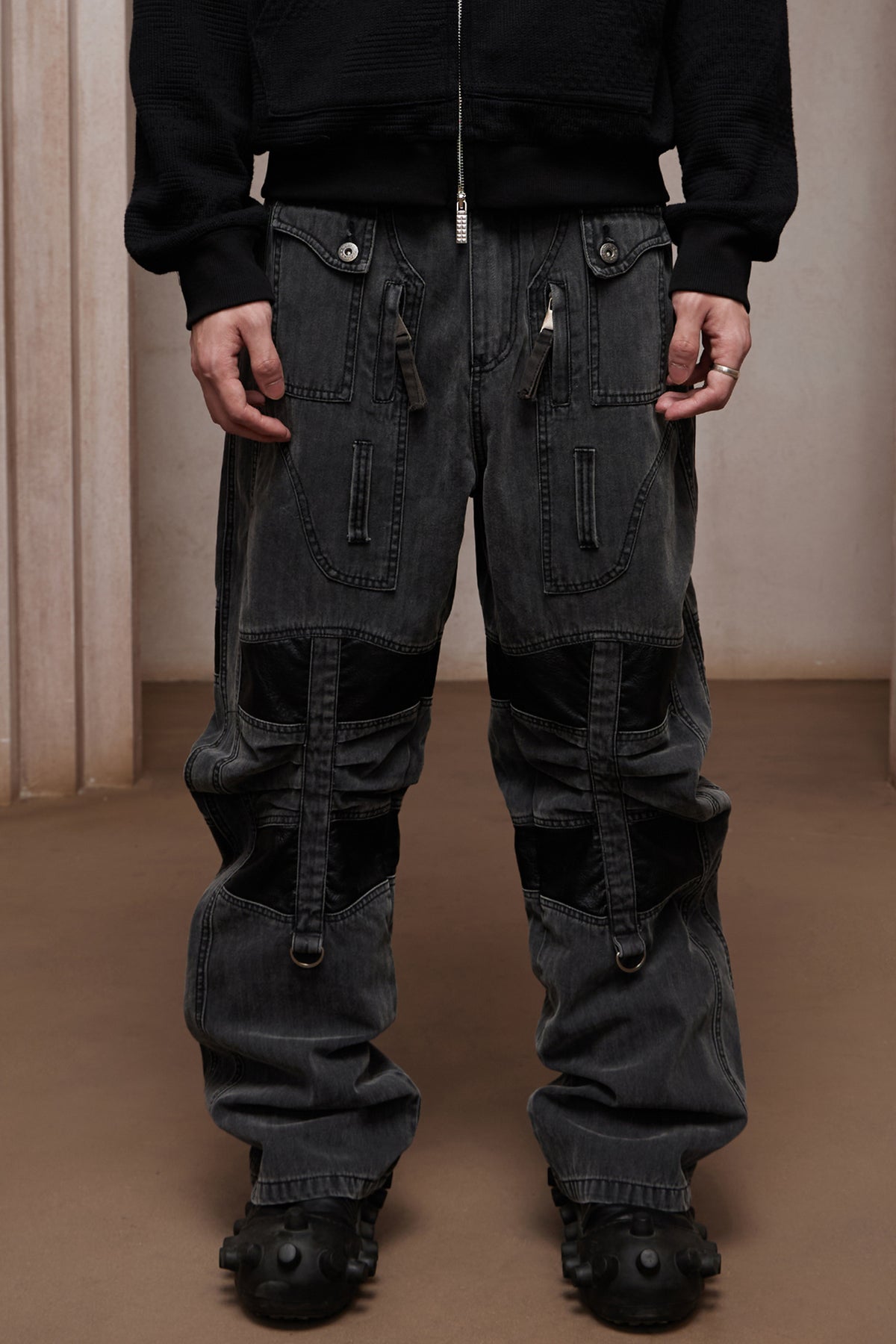 Heavy Washed Leather-Panel Utility Cargo Jeans