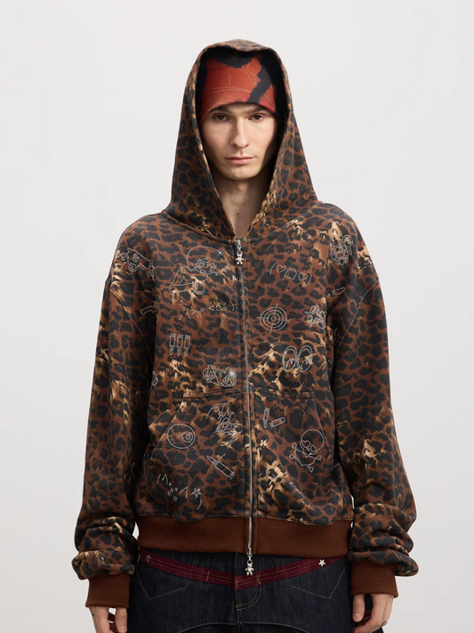 Cartoon rhinestone-studded leopard print sweatshirt