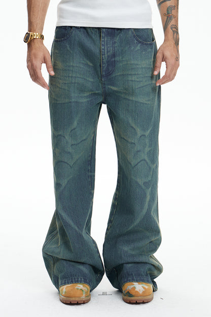 Laser Burning Ocean Straight Leg Jeans