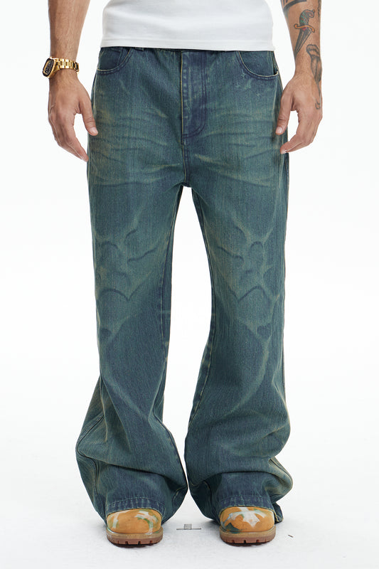 Laser Burning Ocean Straight Leg Jeans