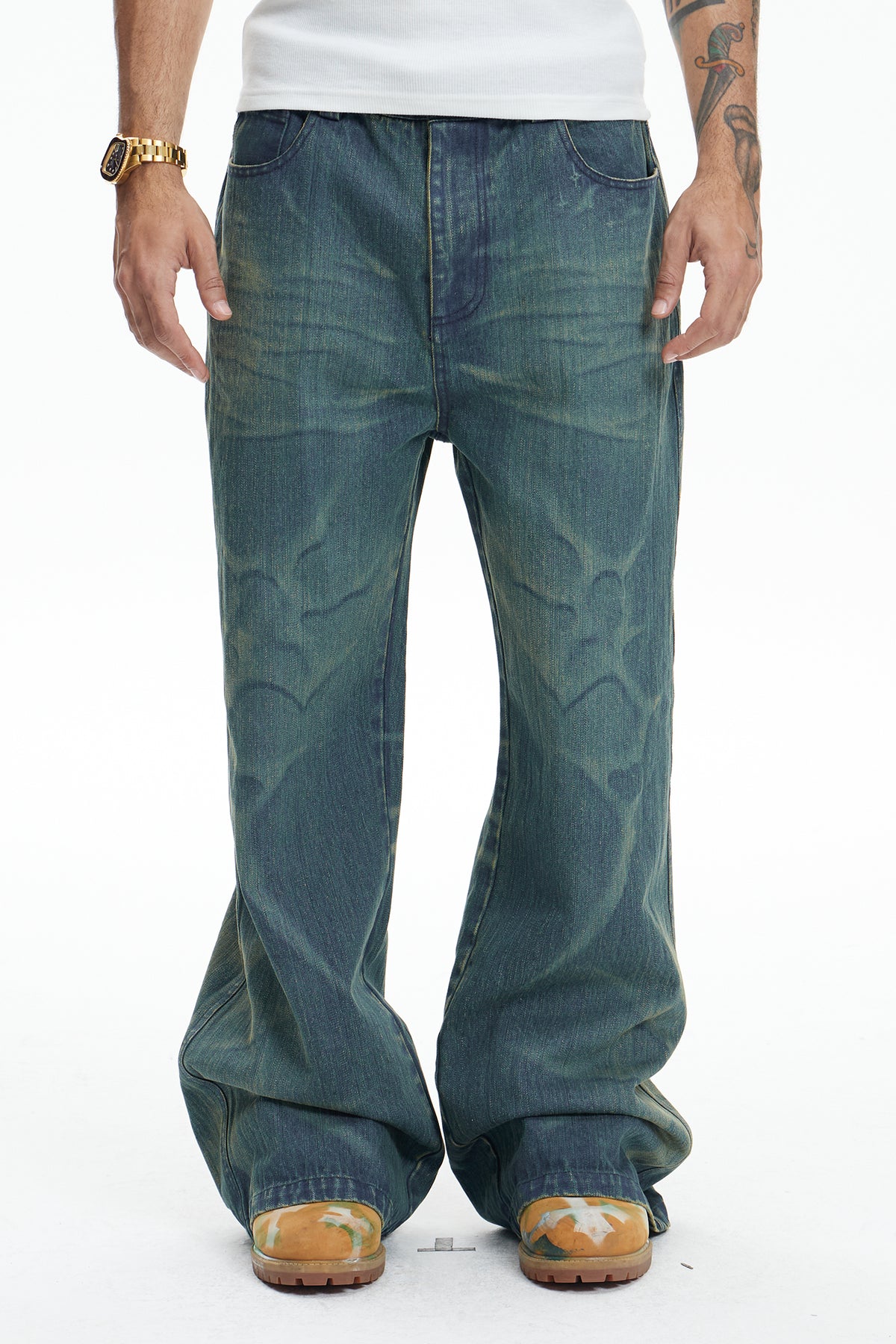Laser Burning Ocean Straight Leg Jeans