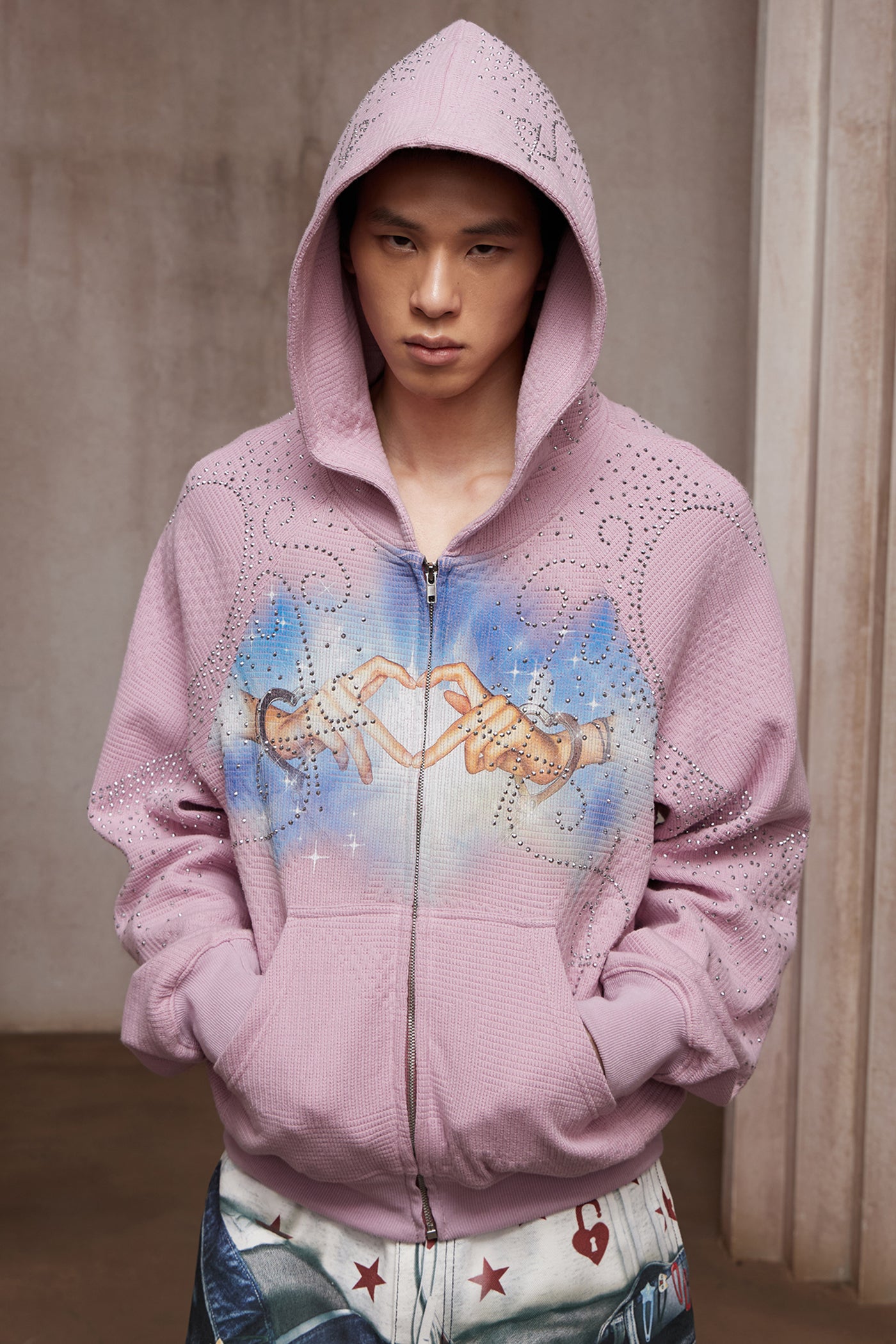 Dreamcore Rhinestone Heart Hands Waffle Zip-Up Hoodie Jacket