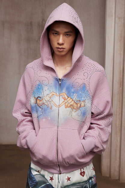 Dreamcore Rhinestone Heart Hands Waffle Zip-Up Hoodie Jacket