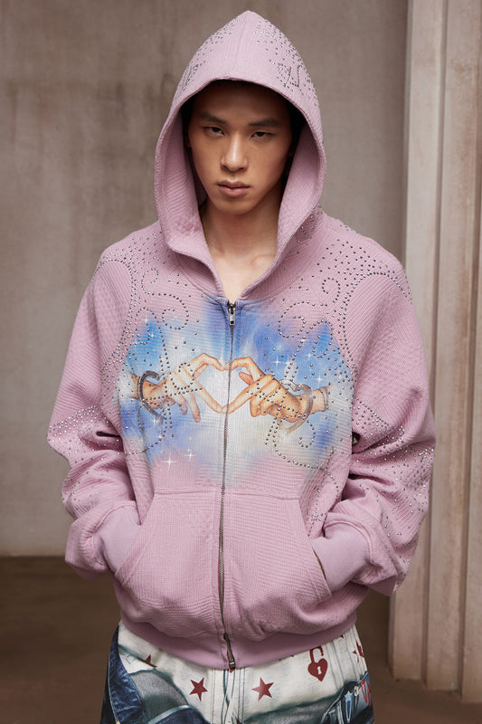 Dreamcore Rhinestone Heart Hands Waffle Zip-Up Hoodie Jacket