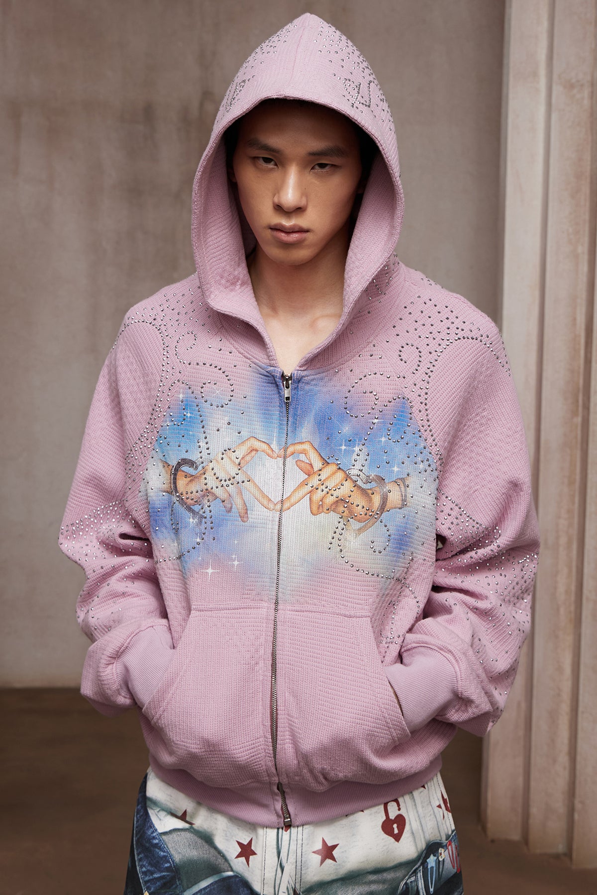 Dreamcore Rhinestone Heart Hands Waffle Zip-Up Hoodie Jacket