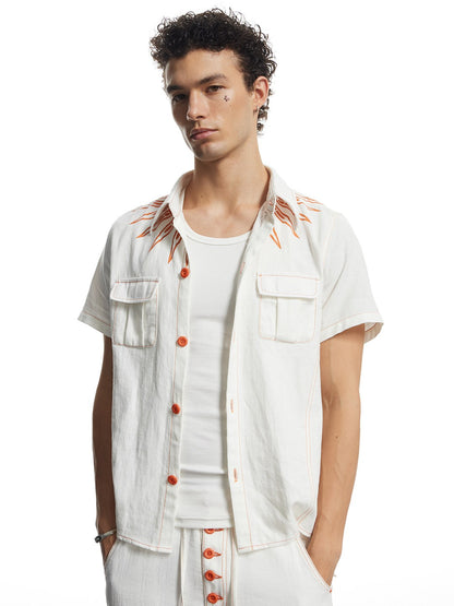 White Linen Infrared Bullet Collar Embroidered Short Sleeve Shirt