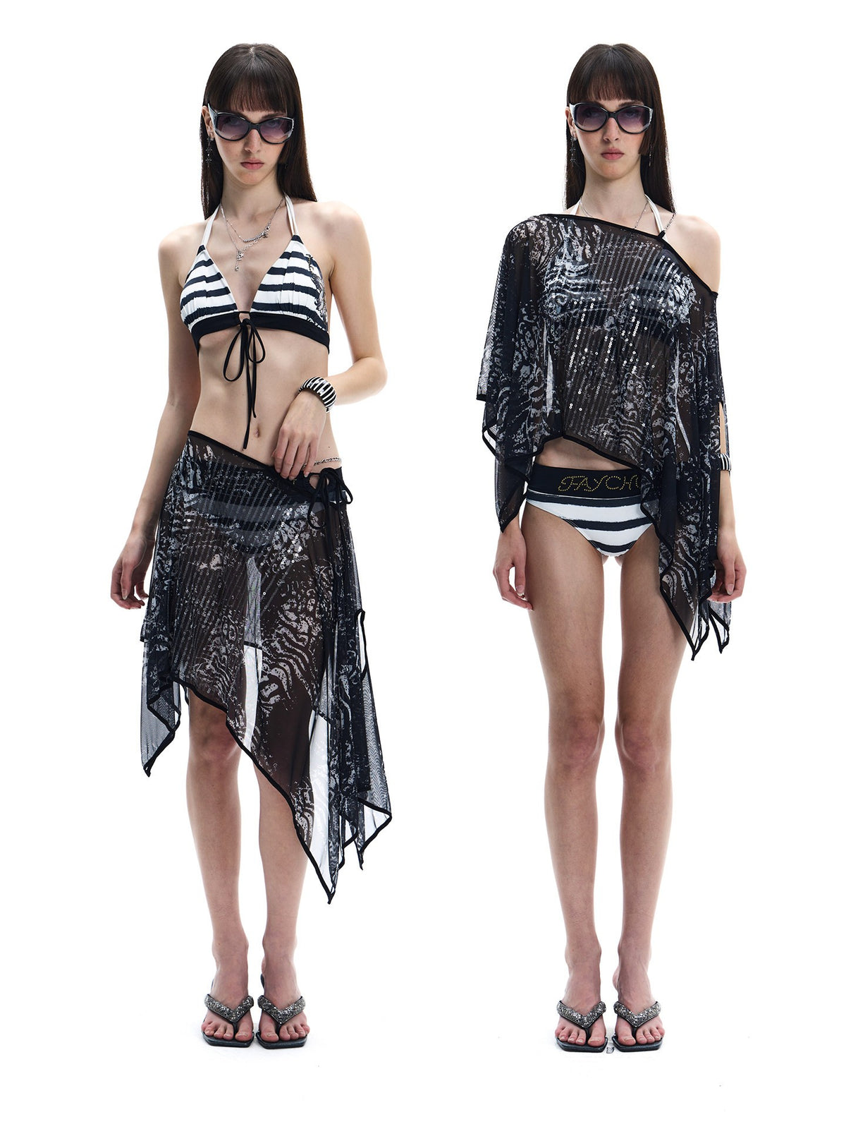 Sequin Tonal Print Sheer Wrap Cover-Up Skirt