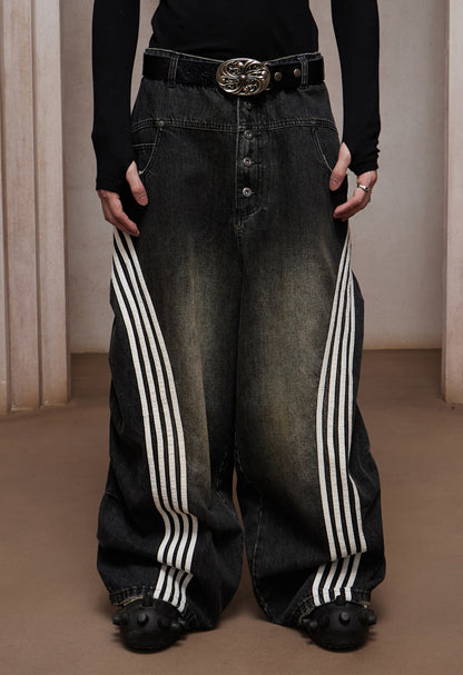 DND4-Stripe Pleated Washed Denim Ultra Wide-Leg Jeans