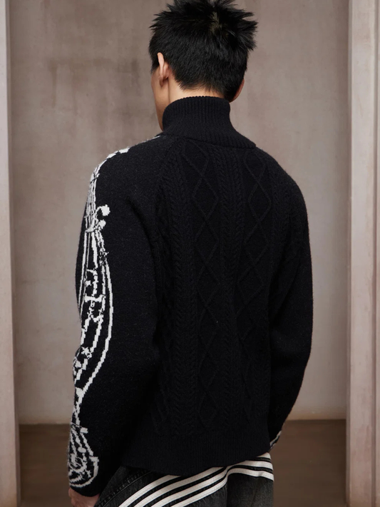 Riff Aran Cable Knit High-Neck Zip-Up Jacket