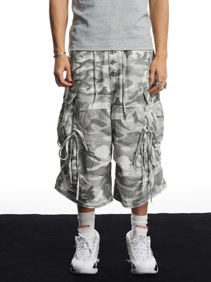 Grey Camo Linen Bullet Back Patch Cargo Shorts