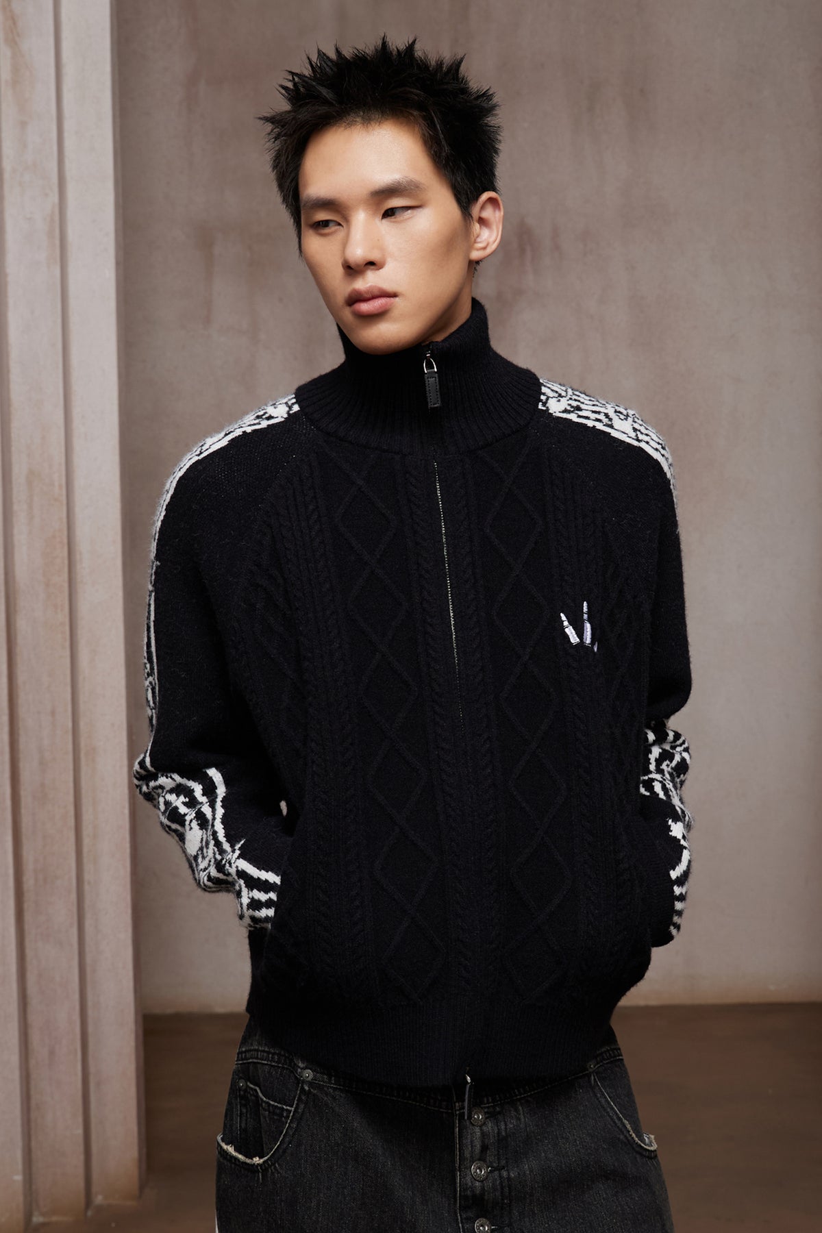 Riff Aran Cable Knit High-Neck Zip-Up Jacket