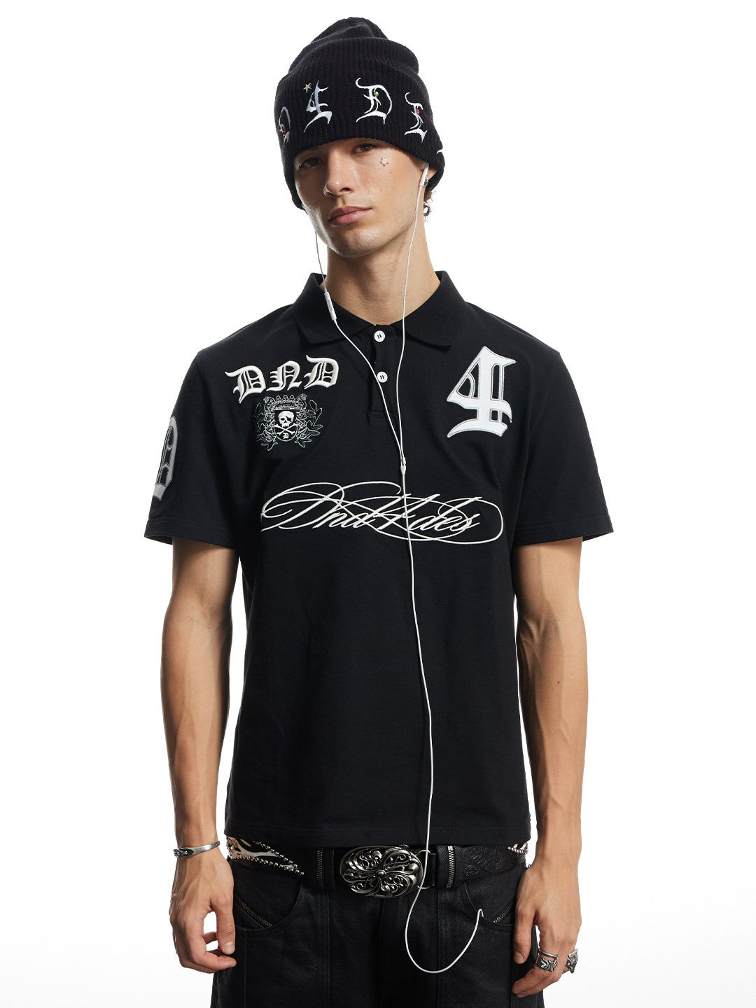 Gothic Script Embroidered Boxy Polo Shirt