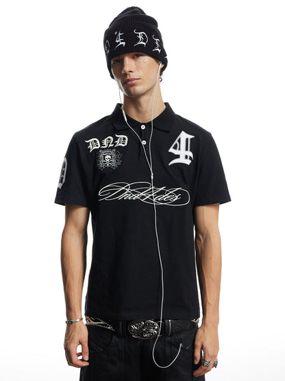 Gothic Script Embroidered Boxy Polo Shirt