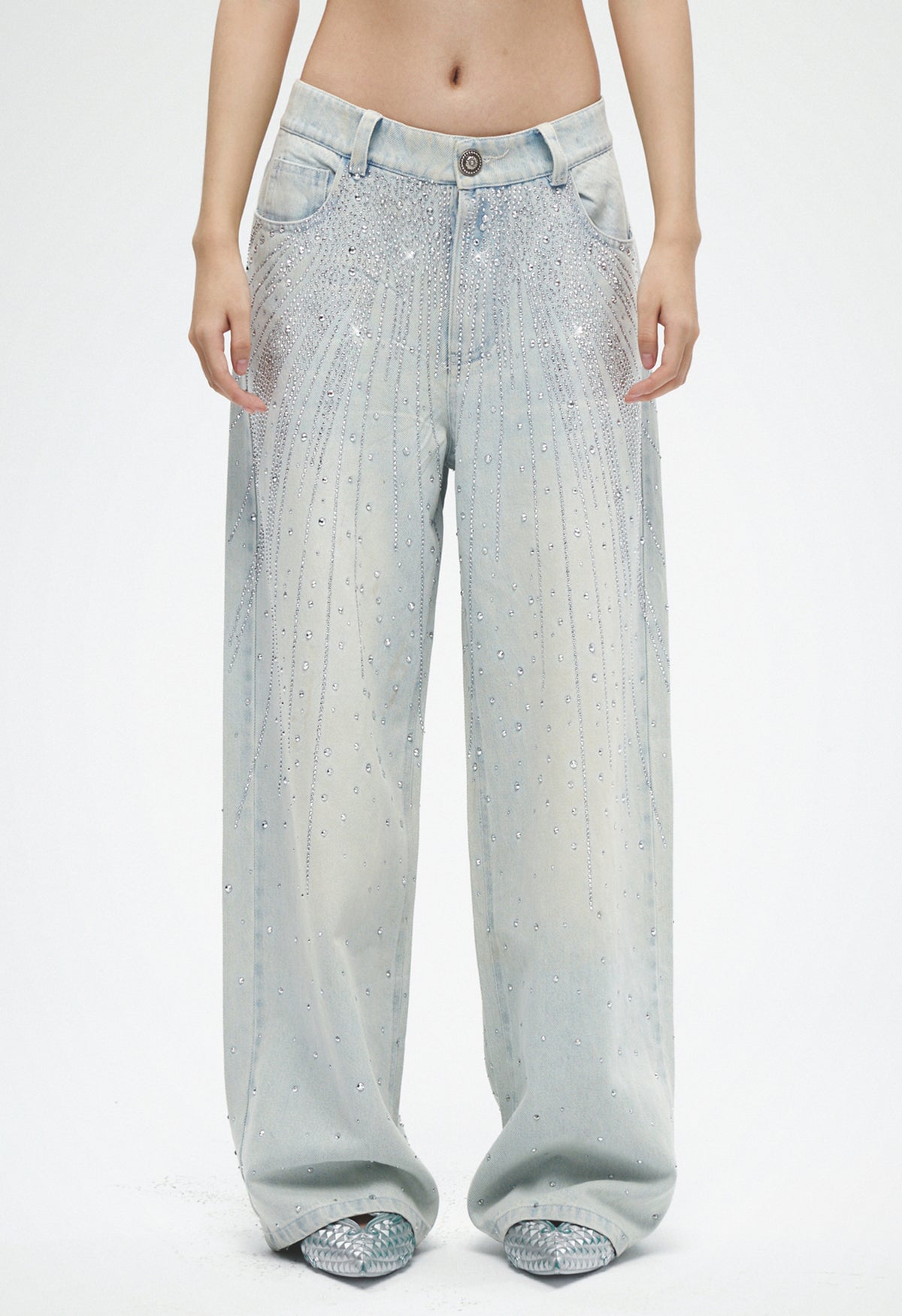 Luxe Rhinestone Starburst Curved-Cut Wide-Leg Jeans