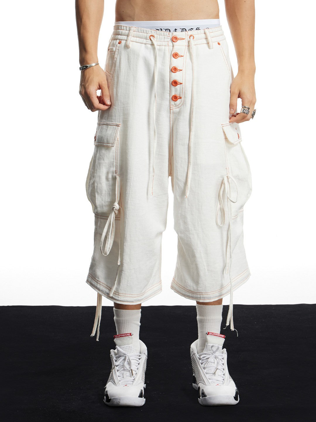 White Linen Infrared Contrast Stitch Bullet Back Patch Cargo Shorts
