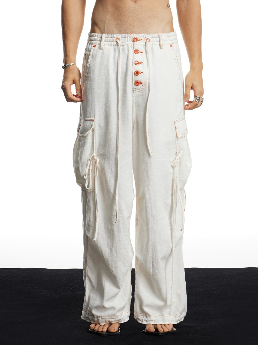 White Linen Infrared Contrast Stitch Bullet Back Patch Wide-Leg Cargo Pants