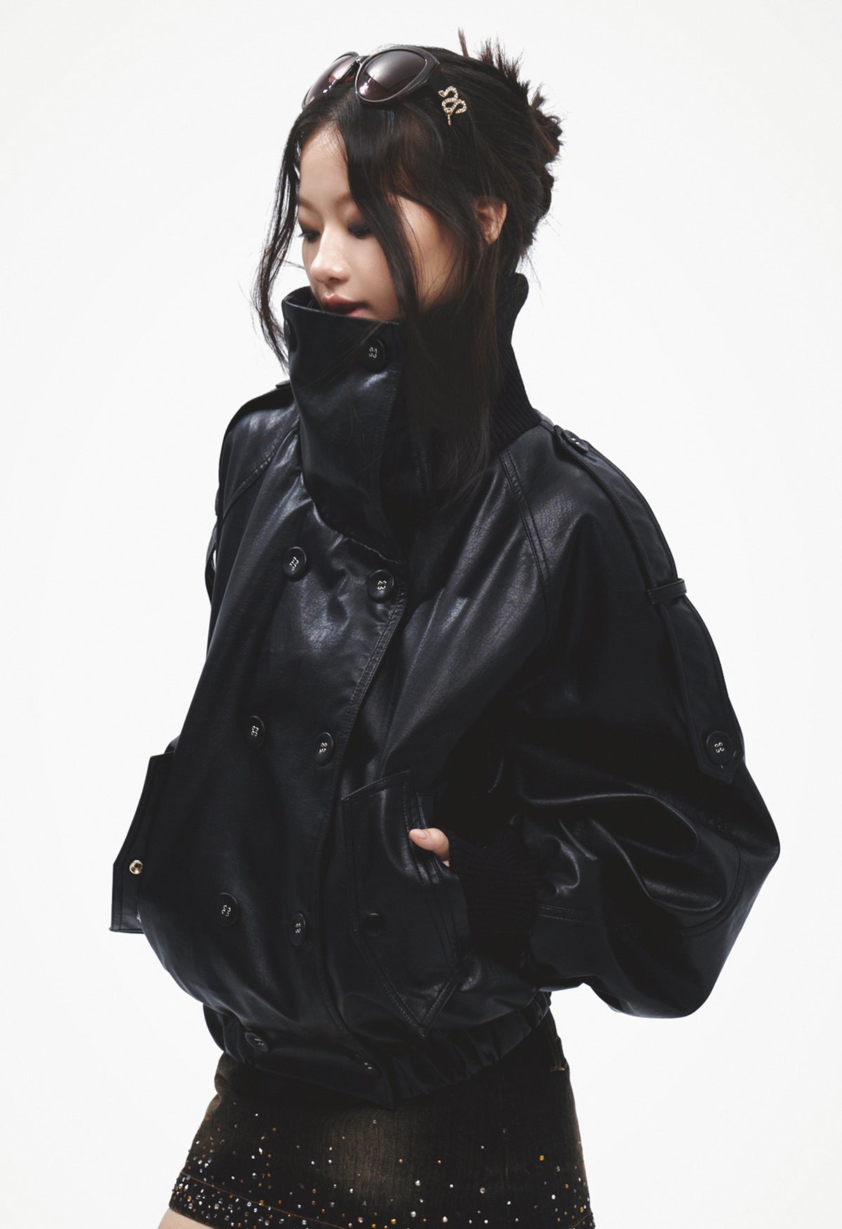 Oversized Cropped Double-Breasted Faux Leather Bomber Jacket (Black)