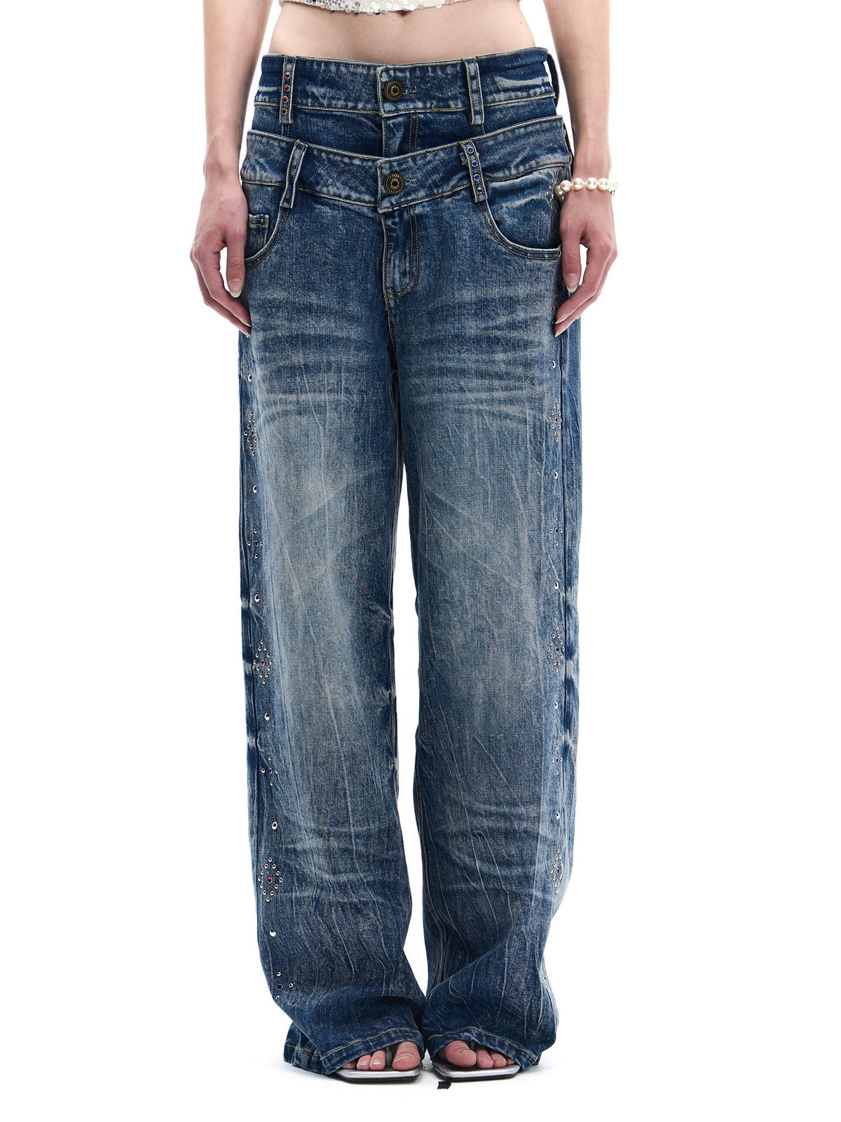 Heritage Wash Double Waist Crystal Stud Wide-Leg Jeans