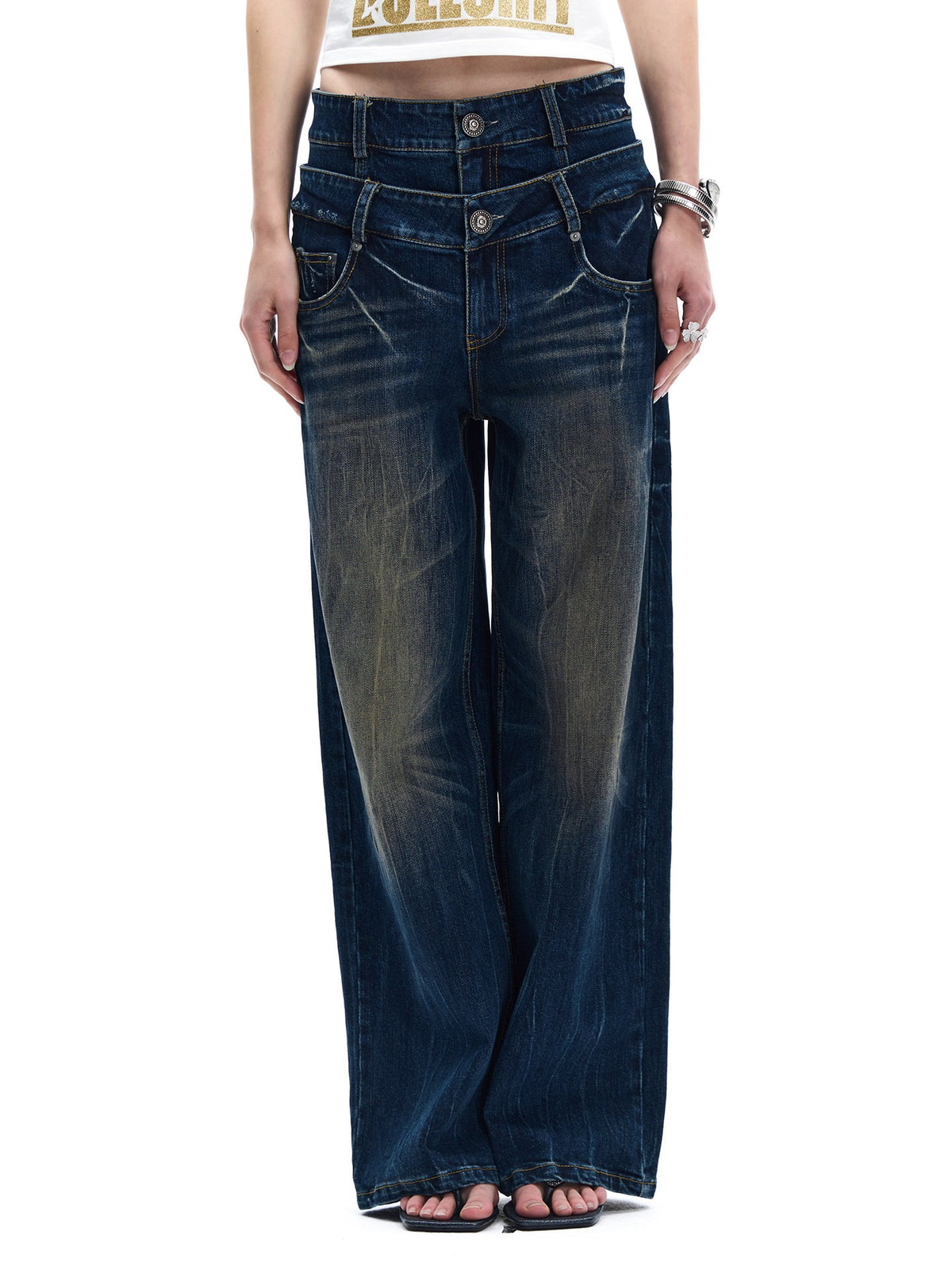 Double-Waist Whisker-Washed Wide-Leg Jeans