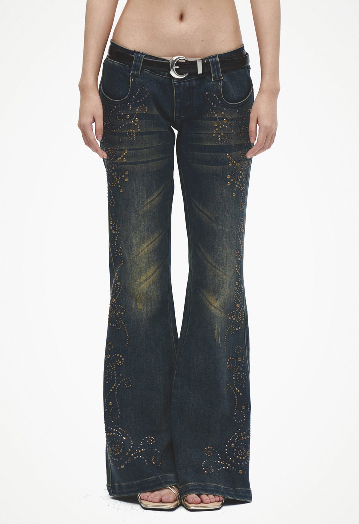 Retro Antique-Gold Studded Totem Bootcut Jeans