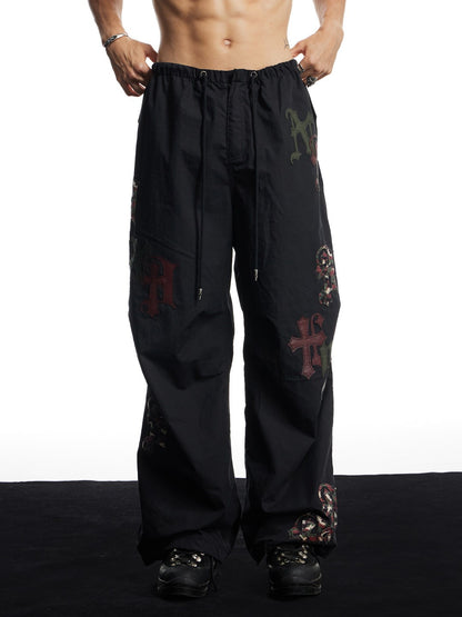 Cross Faux Leather Appliqué Wide-Leg Parachute Pants