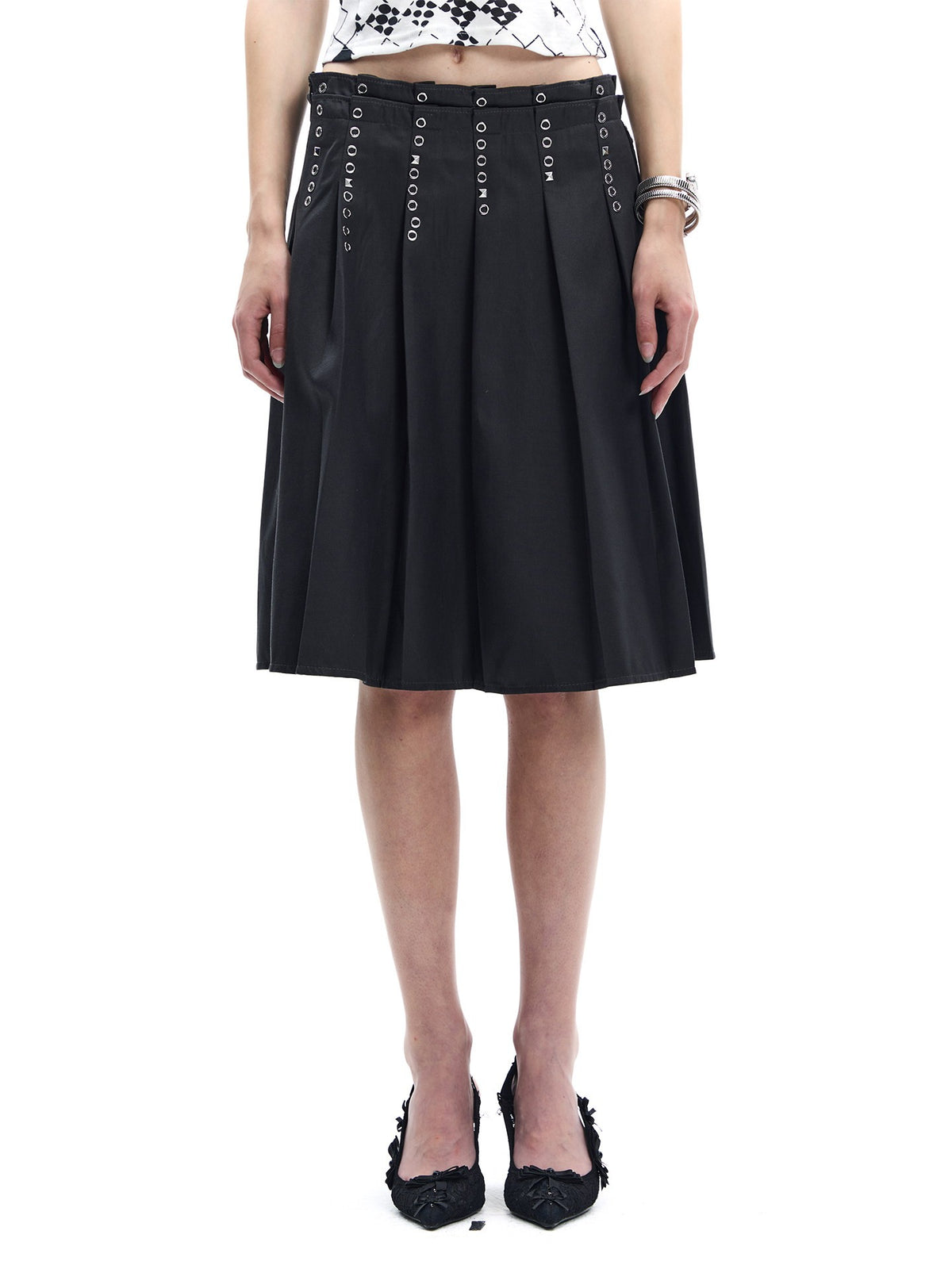 Deconstructed Double-Waist Eyelet Pleated Skirt