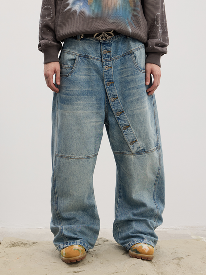 Asymmetrical Long Button Fly Curved-Blade Denim