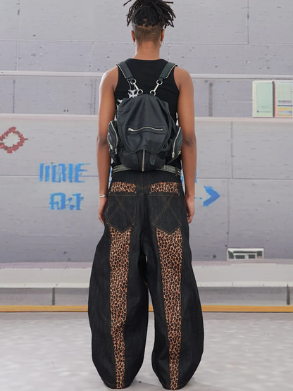 Cross-Paneled Genuine Haircalf Leopard Leather Curved Baggy Jeans