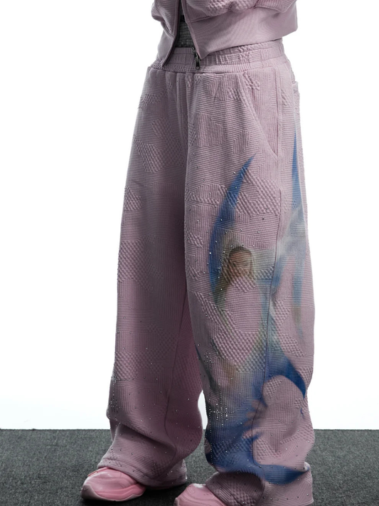 Virgin Mary Hotfix Rhinestone Double Waist Sweatpants - Pink