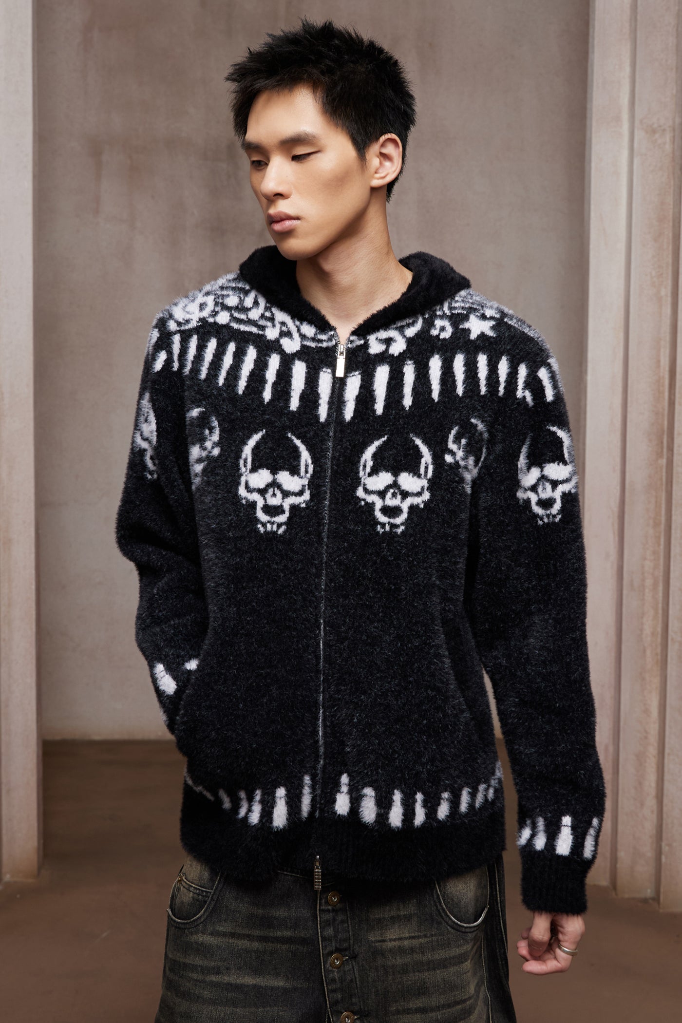 Faux Mink Skull & Bullet Zip-Up Hooded Jacket