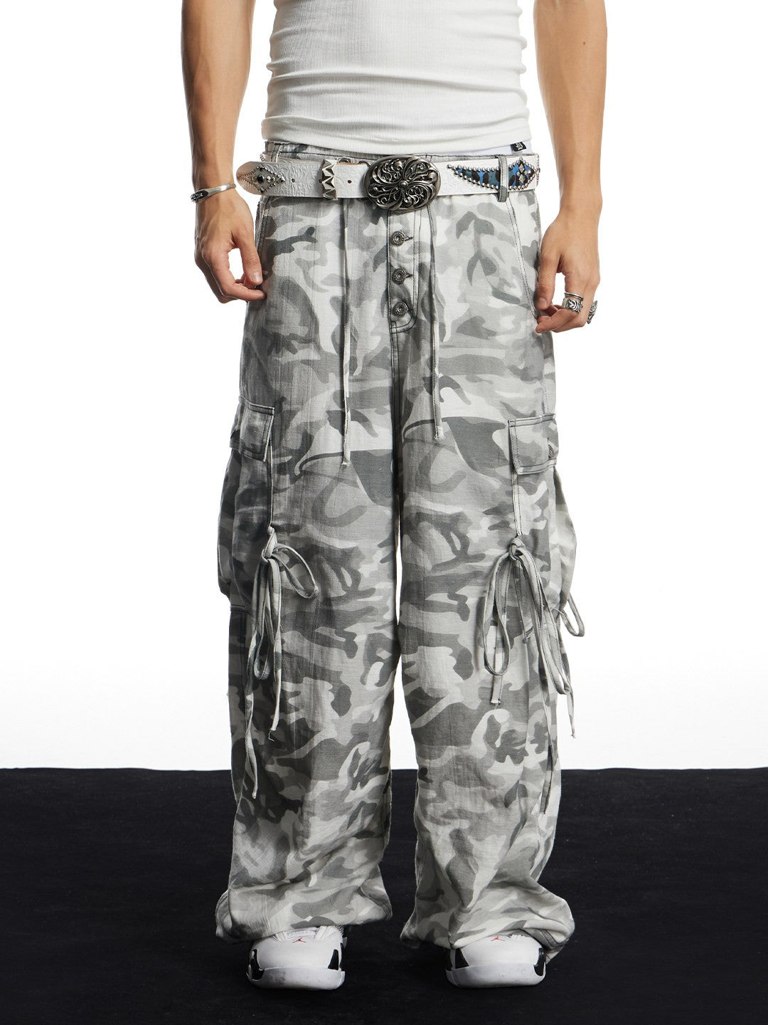 Grey Camo Linen Bullet Back Patch Wide-Leg Cargo Pants