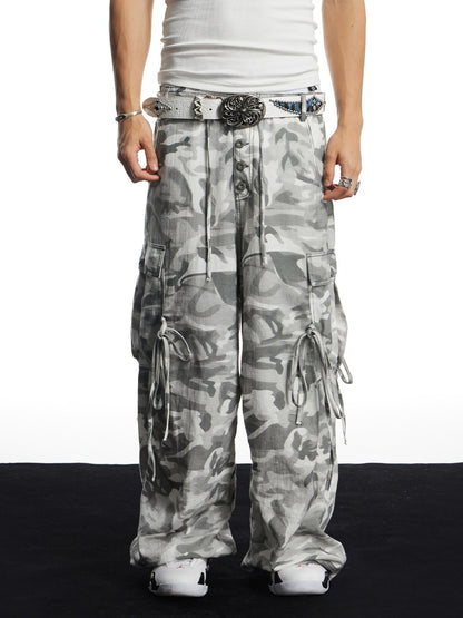 Grey Camo Linen Bullet Back Patch Wide-Leg Cargo Pants